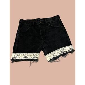 32x30 Lace Black Denim Shorts | Boho Indie Maximalist Reworked Recycled Fashion